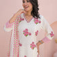 Off White Cotton A-Line Suit Dupatta Set with Pink Block Print & Thread Work | Label Anju Kumar