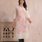 Offwhite Floral Printed Khadi Cotton Kurti with Pink Accents & Lace Sleeve Detailing – M to 3XL