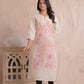 Offwhite Floral Printed Khadi Cotton Kurti with Pink Accents & Lace Sleeve Detailing – M to 3XL