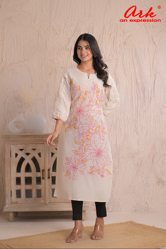 Offwhite Floral Printed Khadi Cotton Kurti with Pink Accents & Lace Sleeve Detailing – M to 3XL