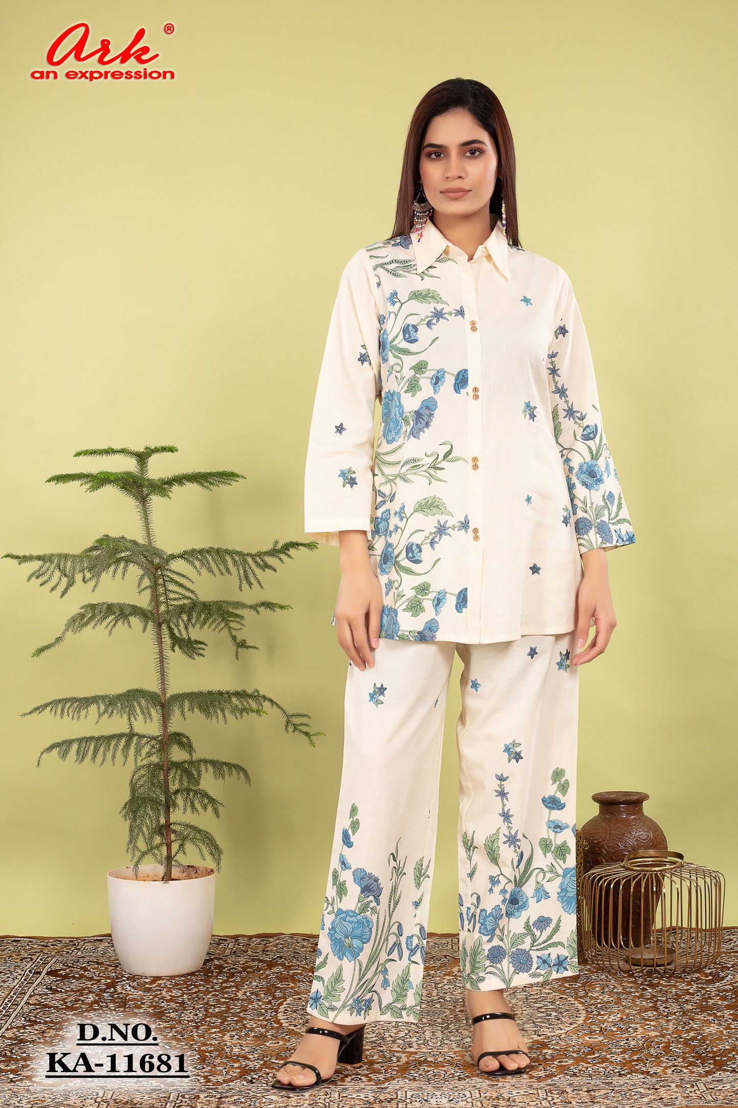 Women’s Pure Cotton Offwhite Coord Set with Blue Floral Print | Label Anju Kumar