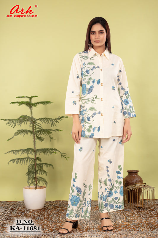 Women’s Pure Cotton Offwhite Coord Set with Blue Floral Print | Label Anju Kumar