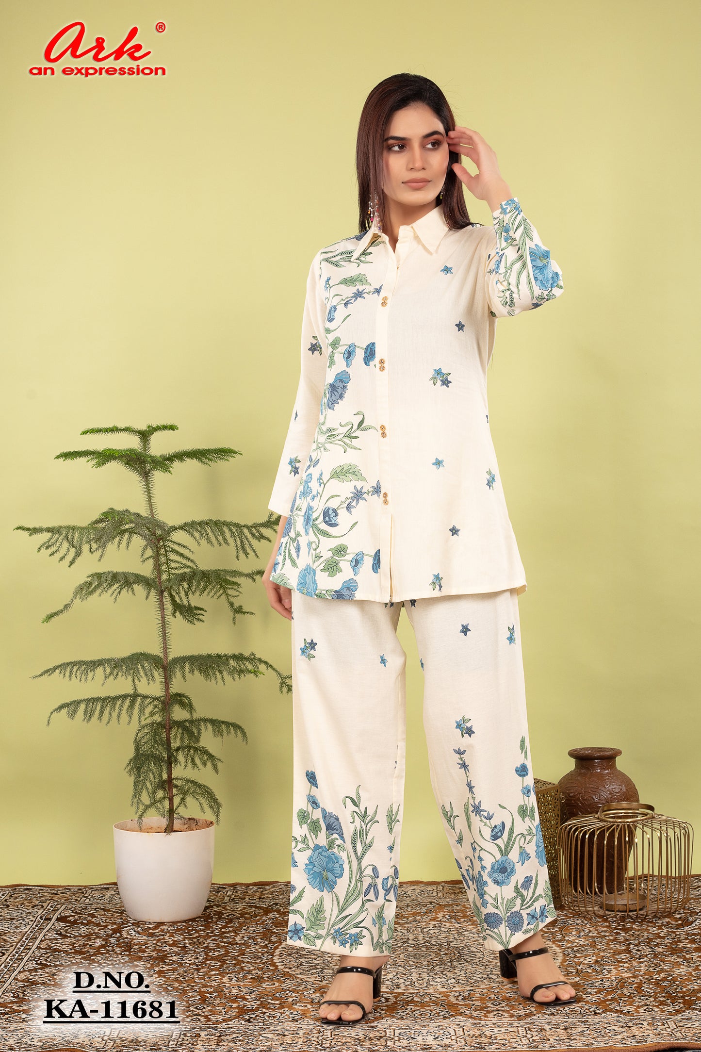 Women’s Pure Cotton Offwhite Coord Set with Blue Floral Print | Label Anju Kumar