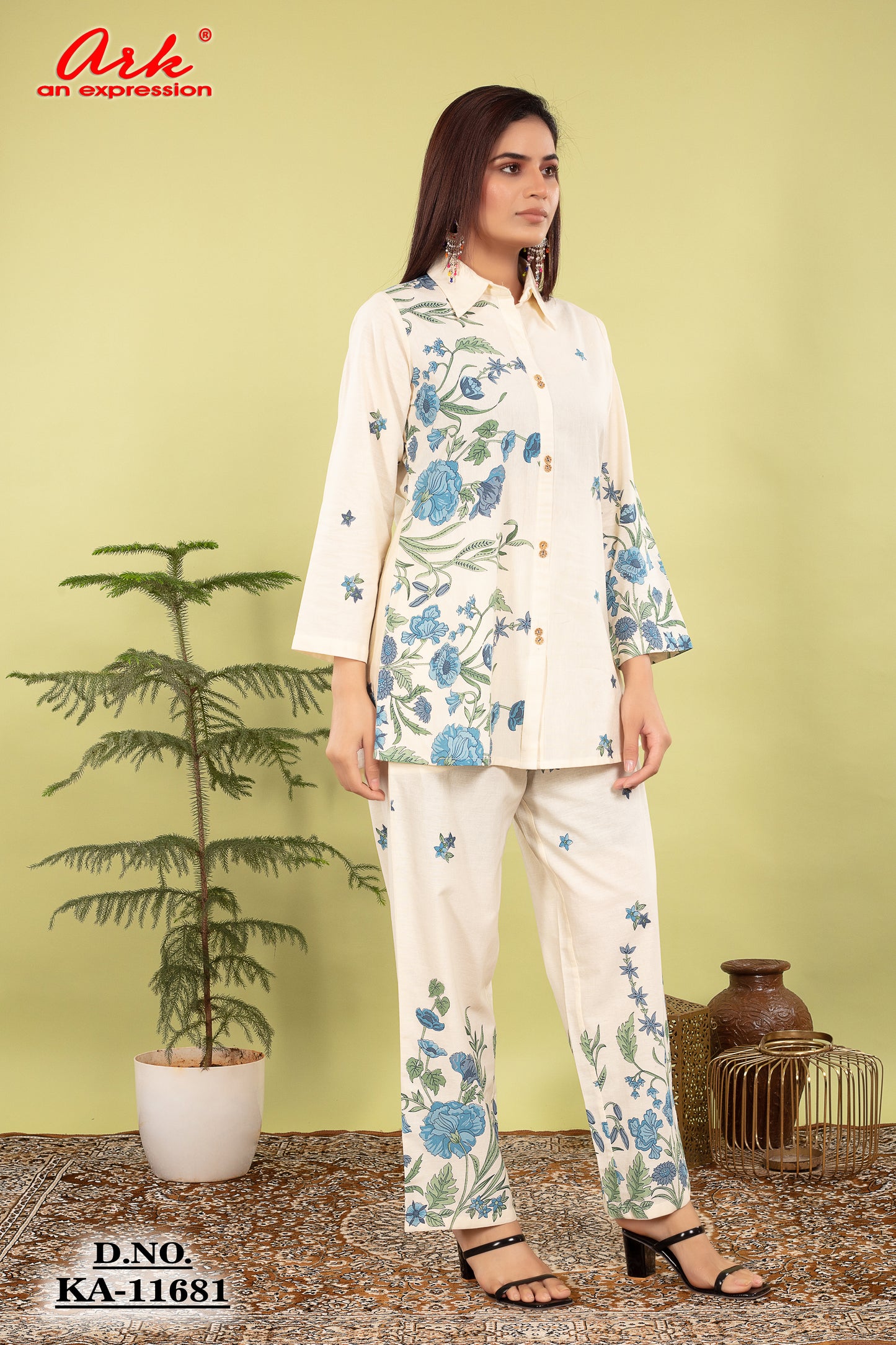 Women’s Pure Cotton Offwhite Coord Set with Blue Floral Print | Label Anju Kumar