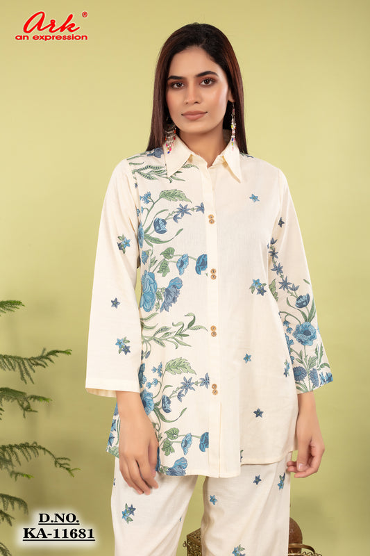 Women’s Pure Cotton Offwhite Coord Set with Blue Floral Print | Label Anju Kumar