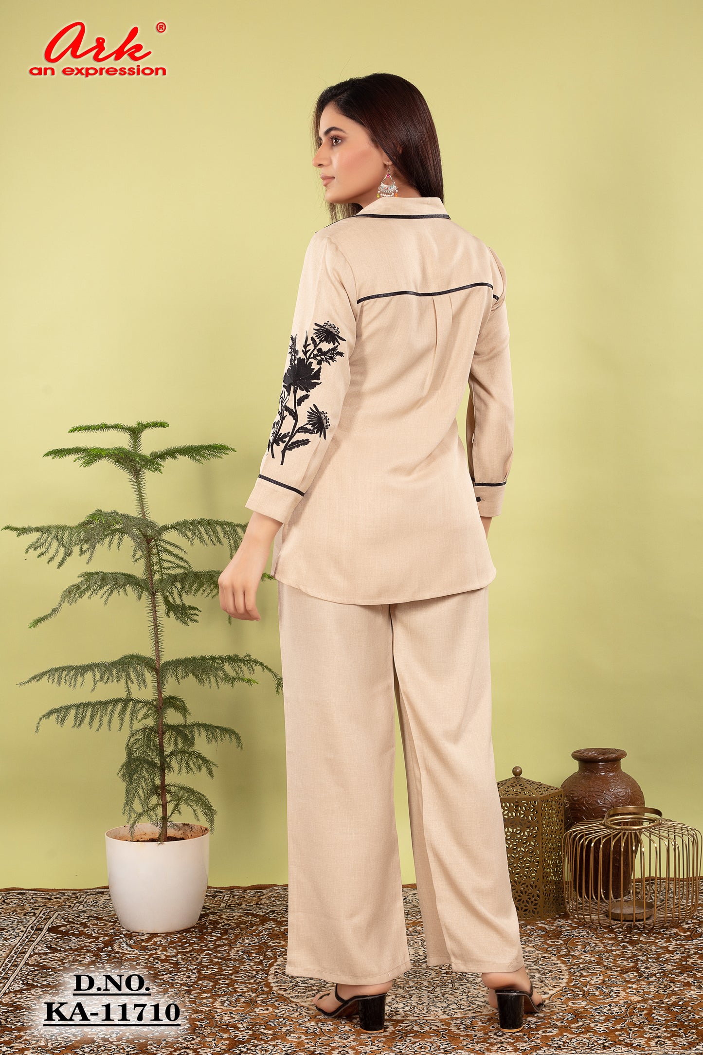 Light Beige Cotton Lilen Coord Set with Thread Work & Collar Style | Label Anju Kumar