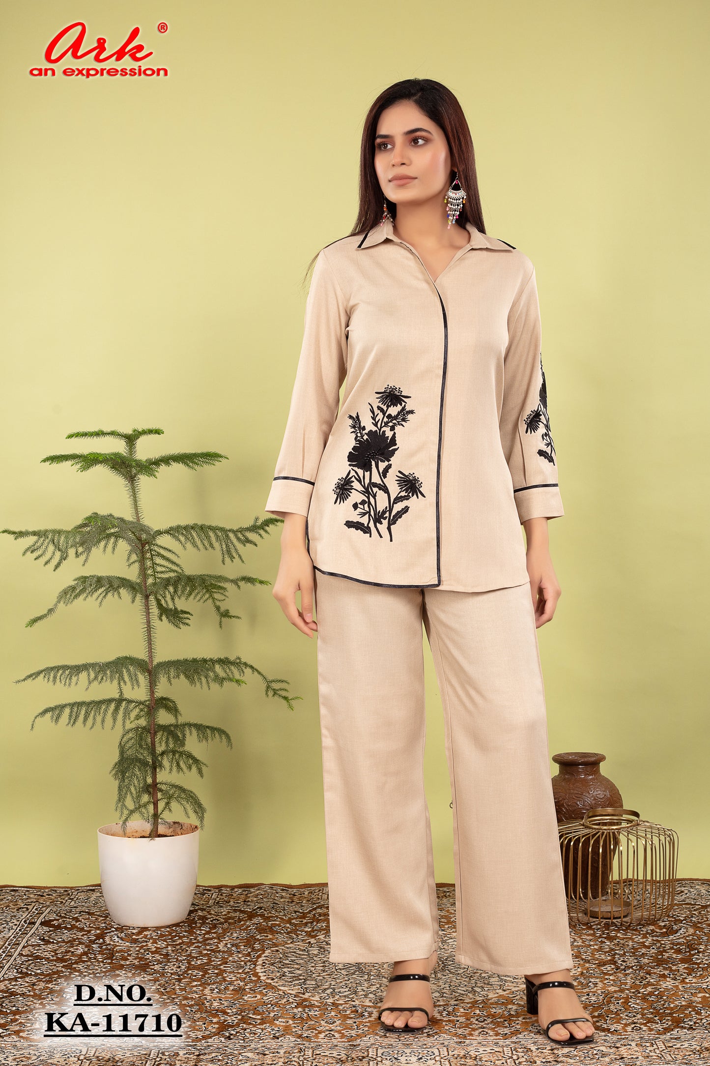 Light Beige Cotton Lilen Coord Set with Thread Work & Collar Style | Label Anju Kumar