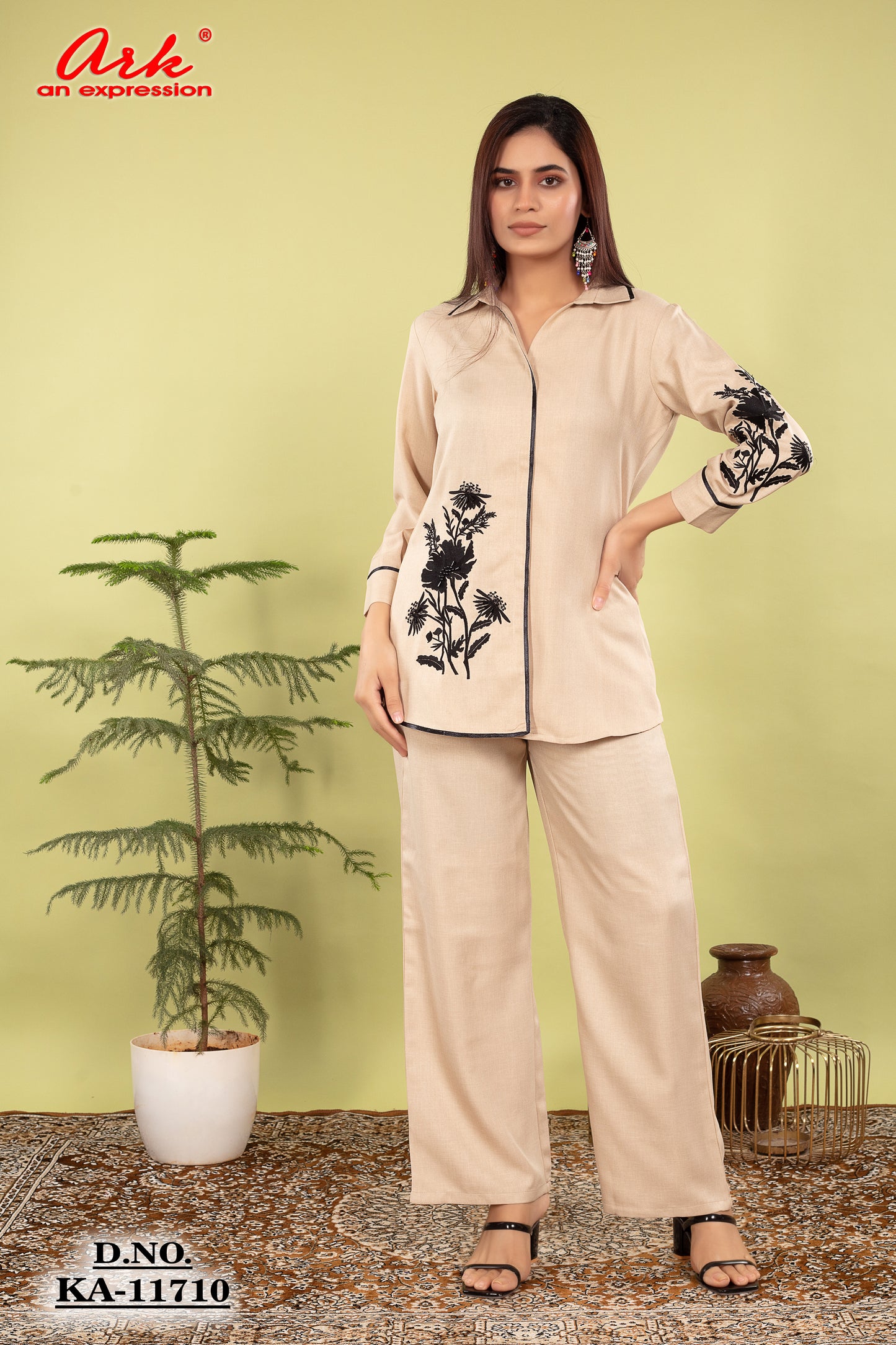 Light Beige Cotton Lilen Coord Set with Thread Work & Collar Style | Label Anju Kumar