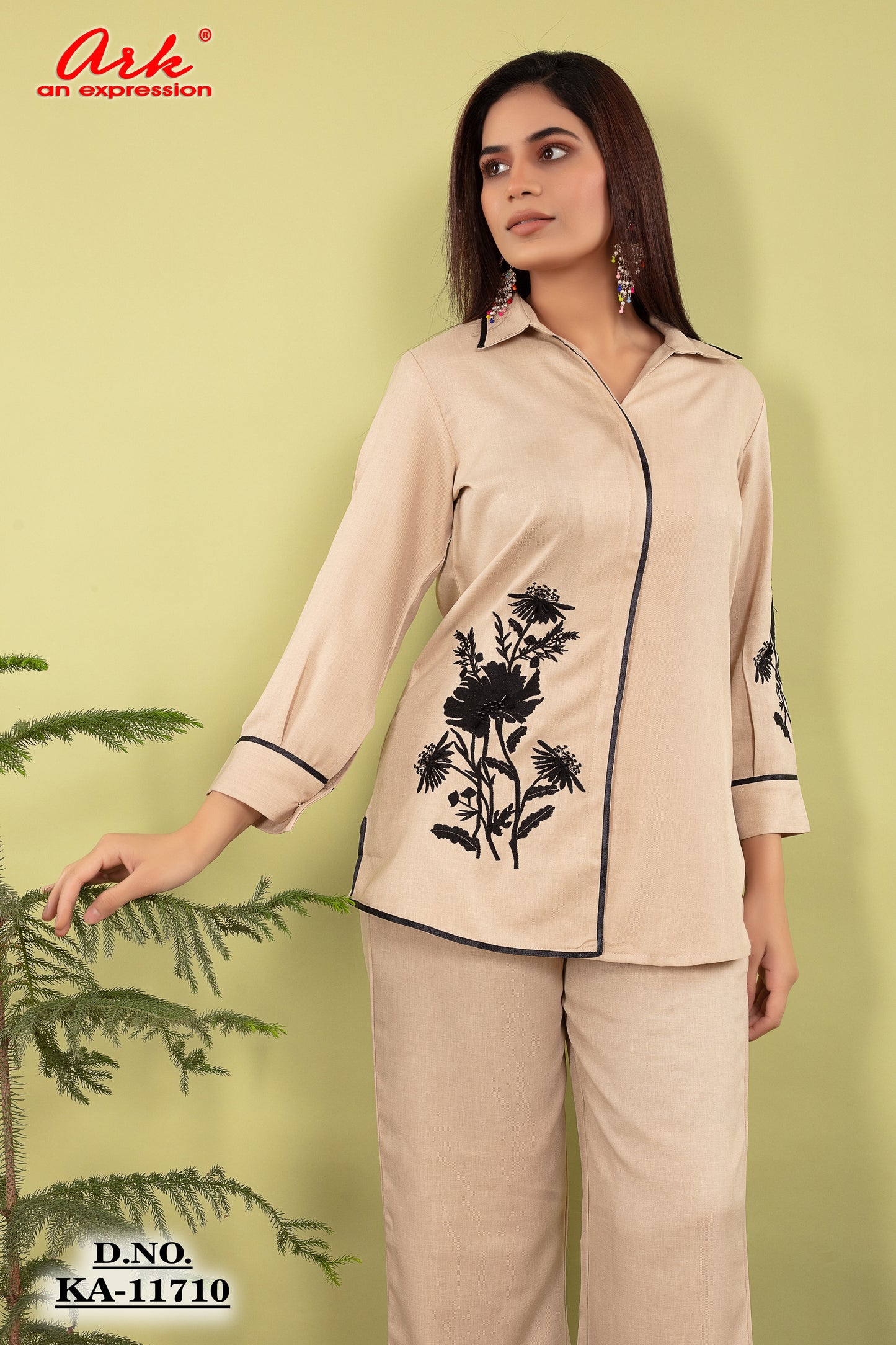 Light Beige Cotton Lilen Coord Set with Thread Work & Collar Style | Label Anju Kumar