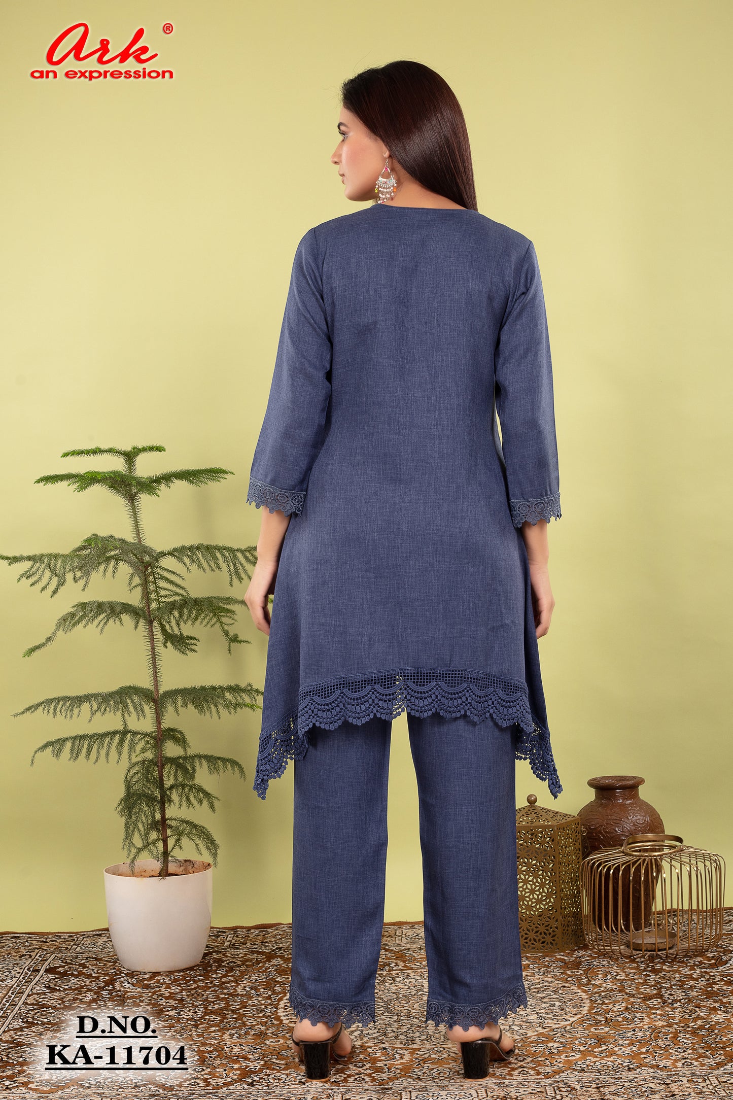 Denim Blue Cotton Lilen Coord Set with Lace Detailing | Label Anju Kumar