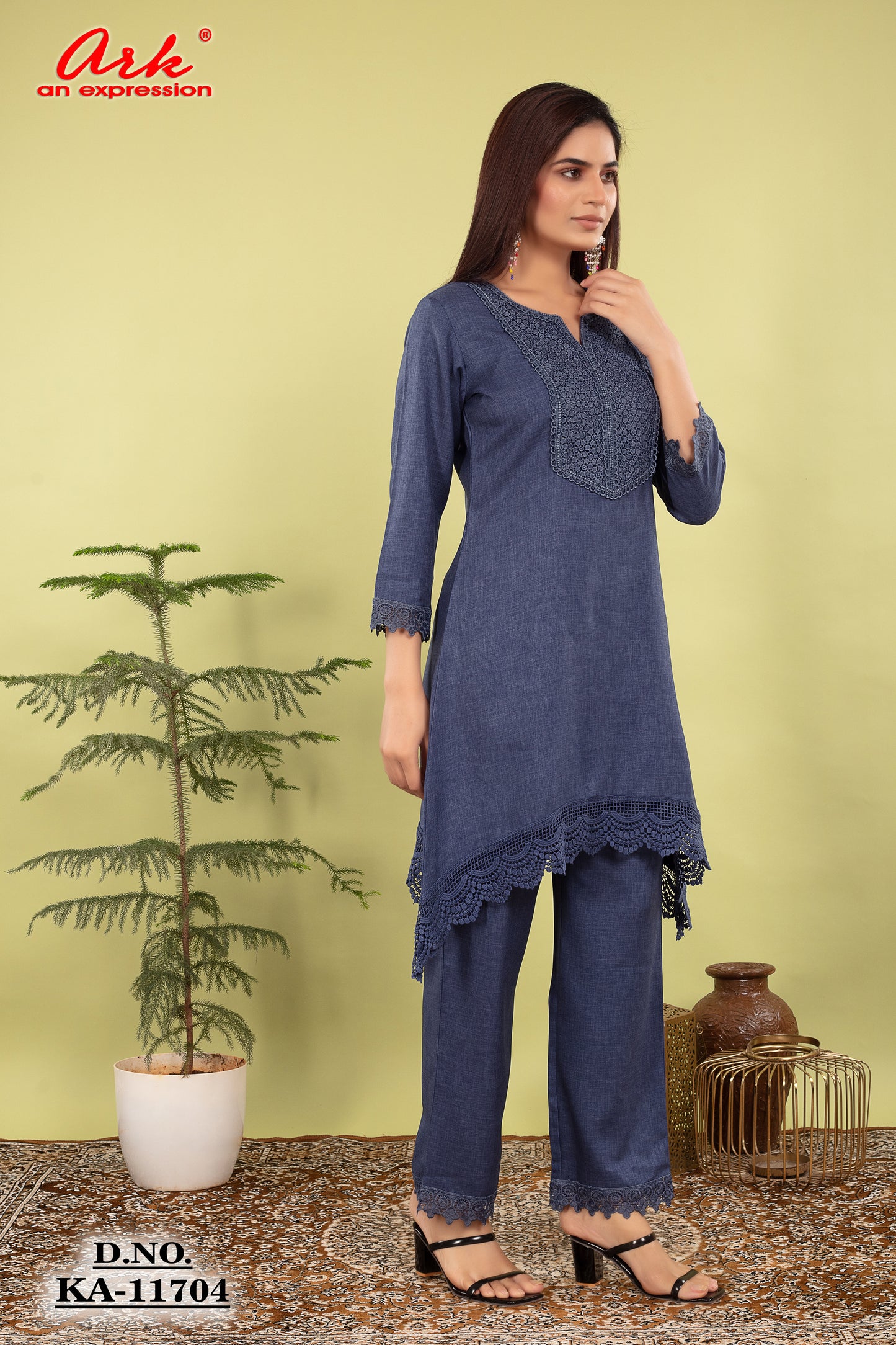 Denim Blue Cotton Lilen Coord Set with Lace Detailing | Label Anju Kumar