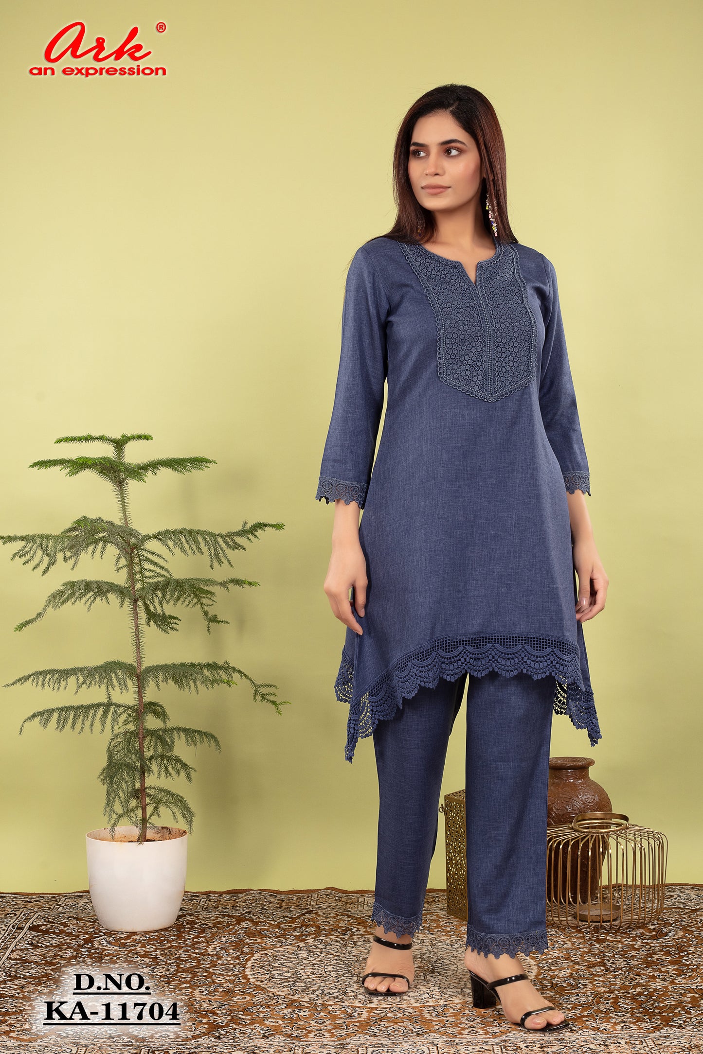 Denim Blue Cotton Lilen Coord Set with Lace Detailing | Label Anju Kumar