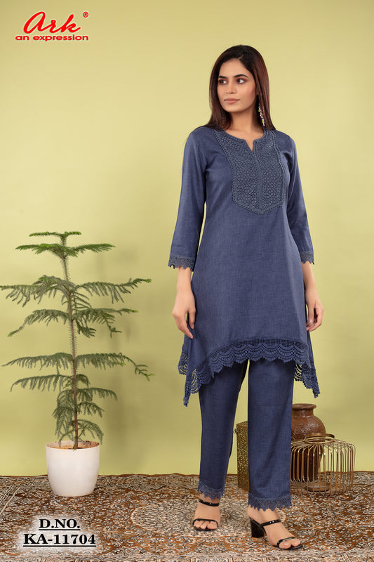 Denim Blue Cotton Lilen Coord Set with Lace Detailing | Label Anju Kumar