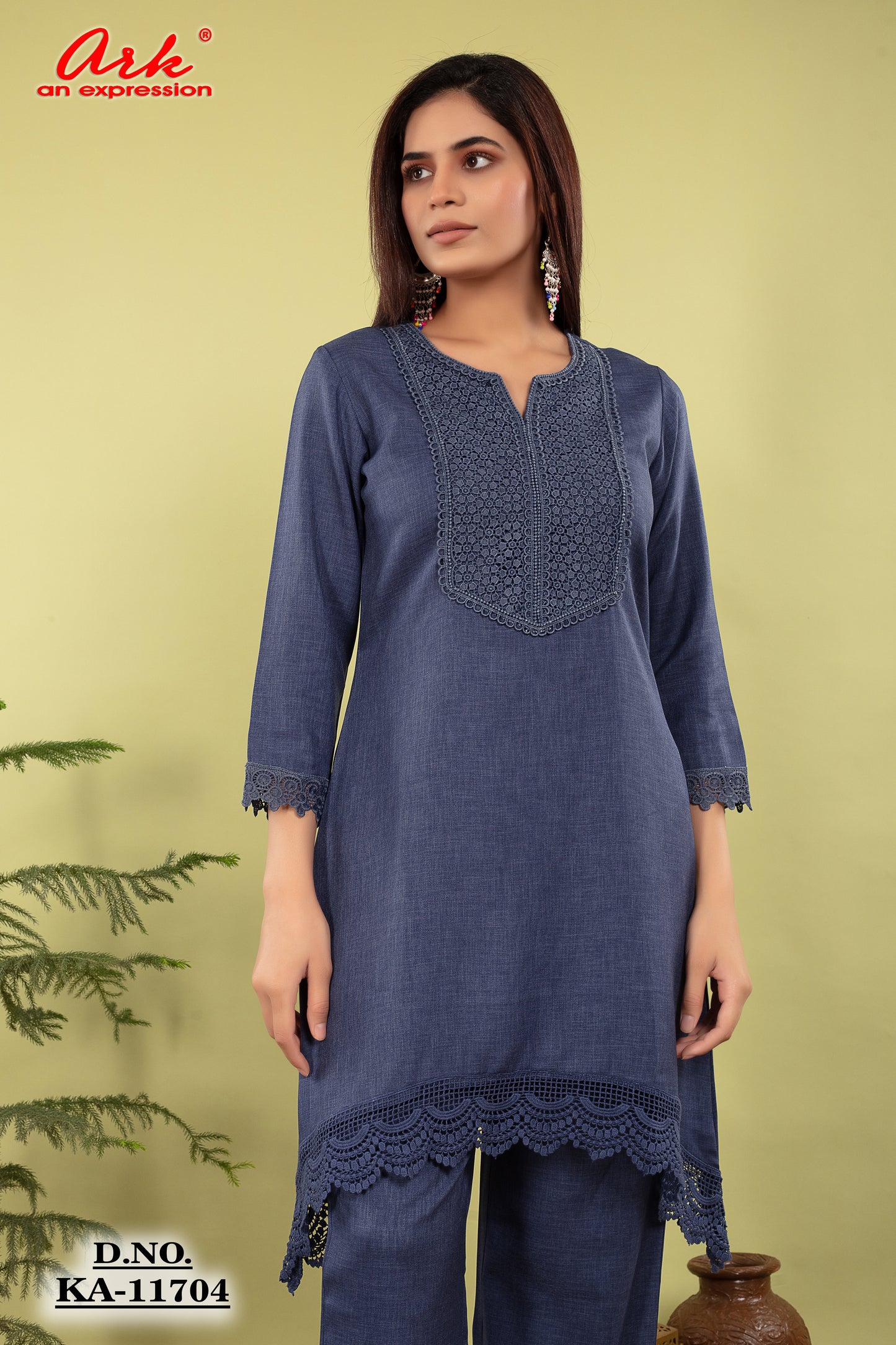 Denim Blue Cotton Lilen Coord Set with Lace Detailing | Label Anju Kumar