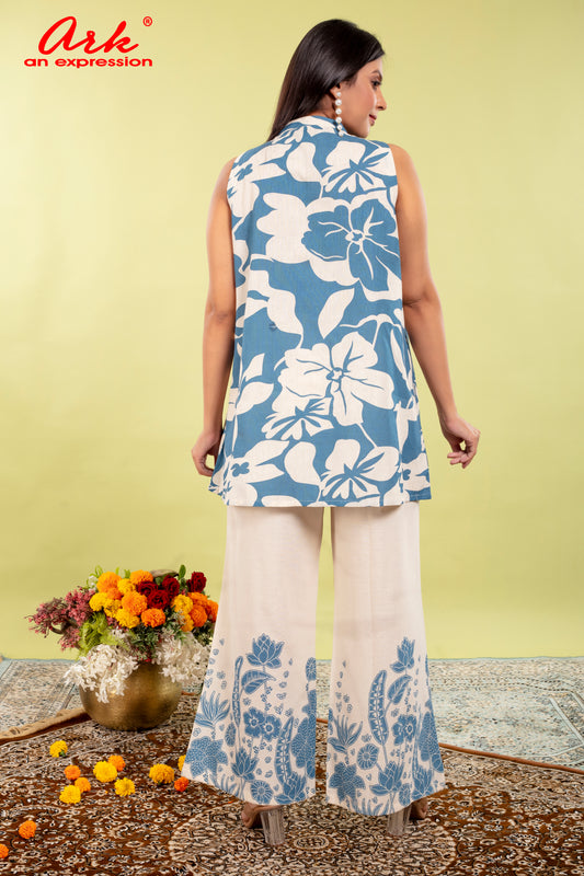 Blue Printed A-Line Coord Set | Pure Cotton Ethnic Co-ord for Women (M–3XL)