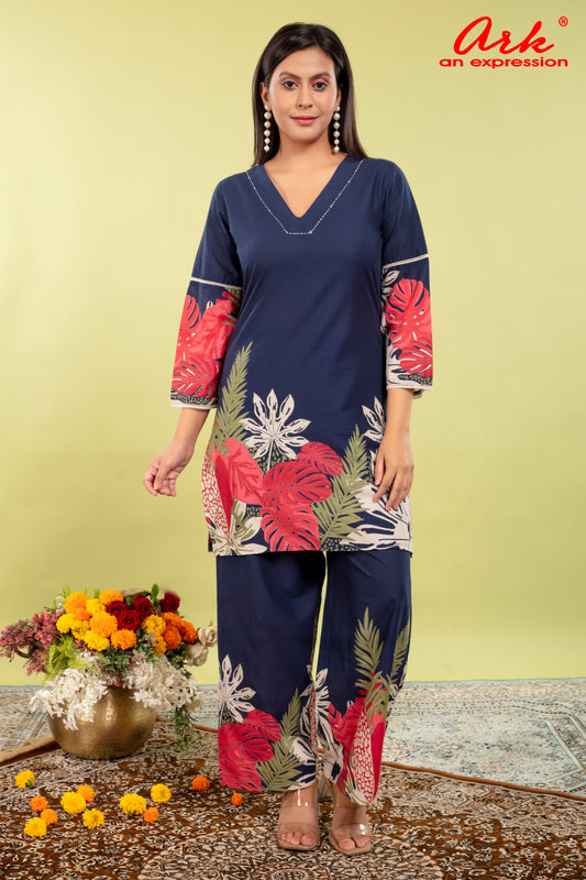 Navy Blue Pure Cotton Coord Set for Women | V-Neck Kurti with Dori Work | Ethnic Wear Set | M to 3XL