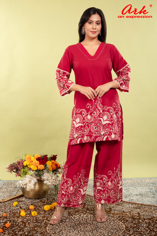 Red Pure Cotton Coord Set for Women | V-Neck Kurti with Dori Work | Ethnic Wear Set | M to 3XL