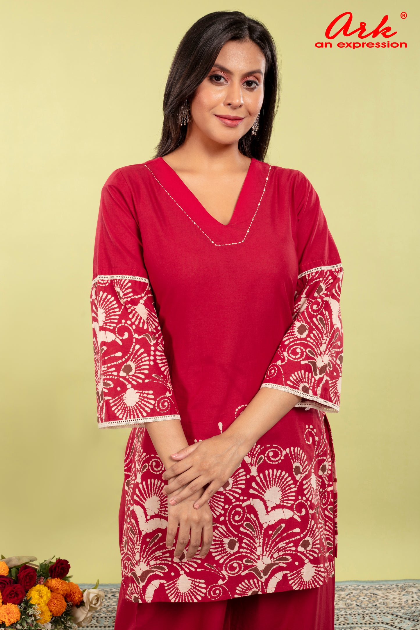 Red Pure Cotton Coord Set for Women | V-Neck Kurti with Dori Work | Ethnic Wear Set | M to 3XL