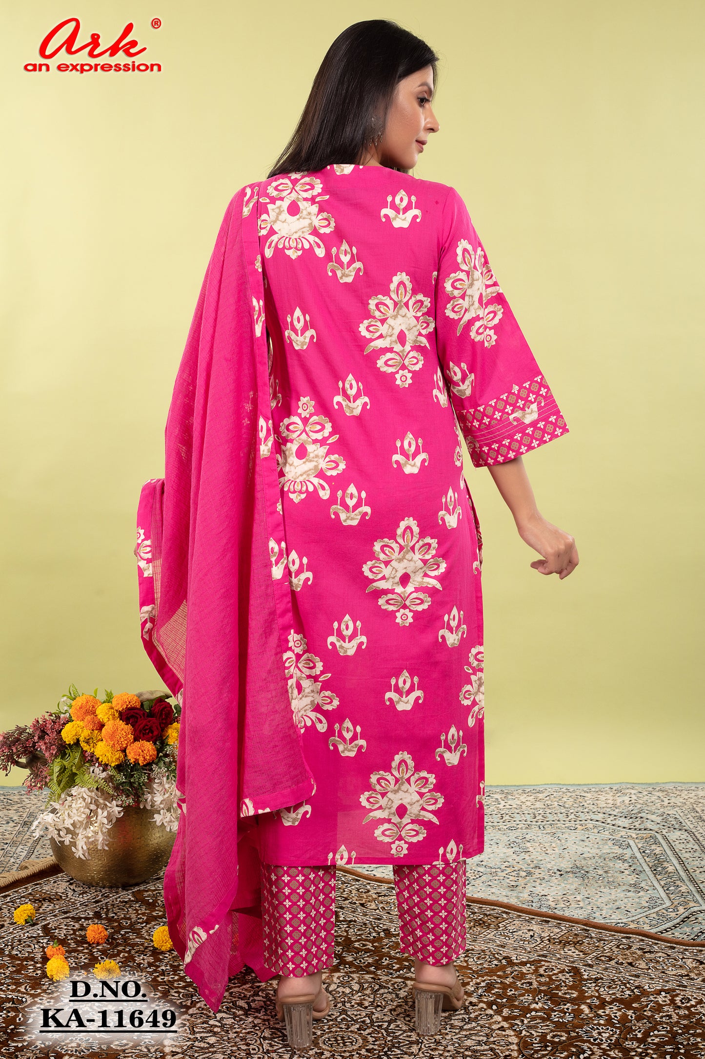 Majenta Pure Cotton Printed Straight Suit Dupatta Set with Highlight Work | Label Anju Kumar