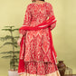 Red Cotton Printed Anarkali Kurti with Beige Sharara & Net Dupatta | Label Anju Kumar