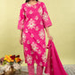 Majenta Pure Cotton Printed Straight Suit Dupatta Set with Highlight Work | Label Anju Kumar