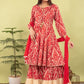 Red Cotton Printed Anarkali Kurti with Beige Sharara & Net Dupatta | Label Anju Kumar