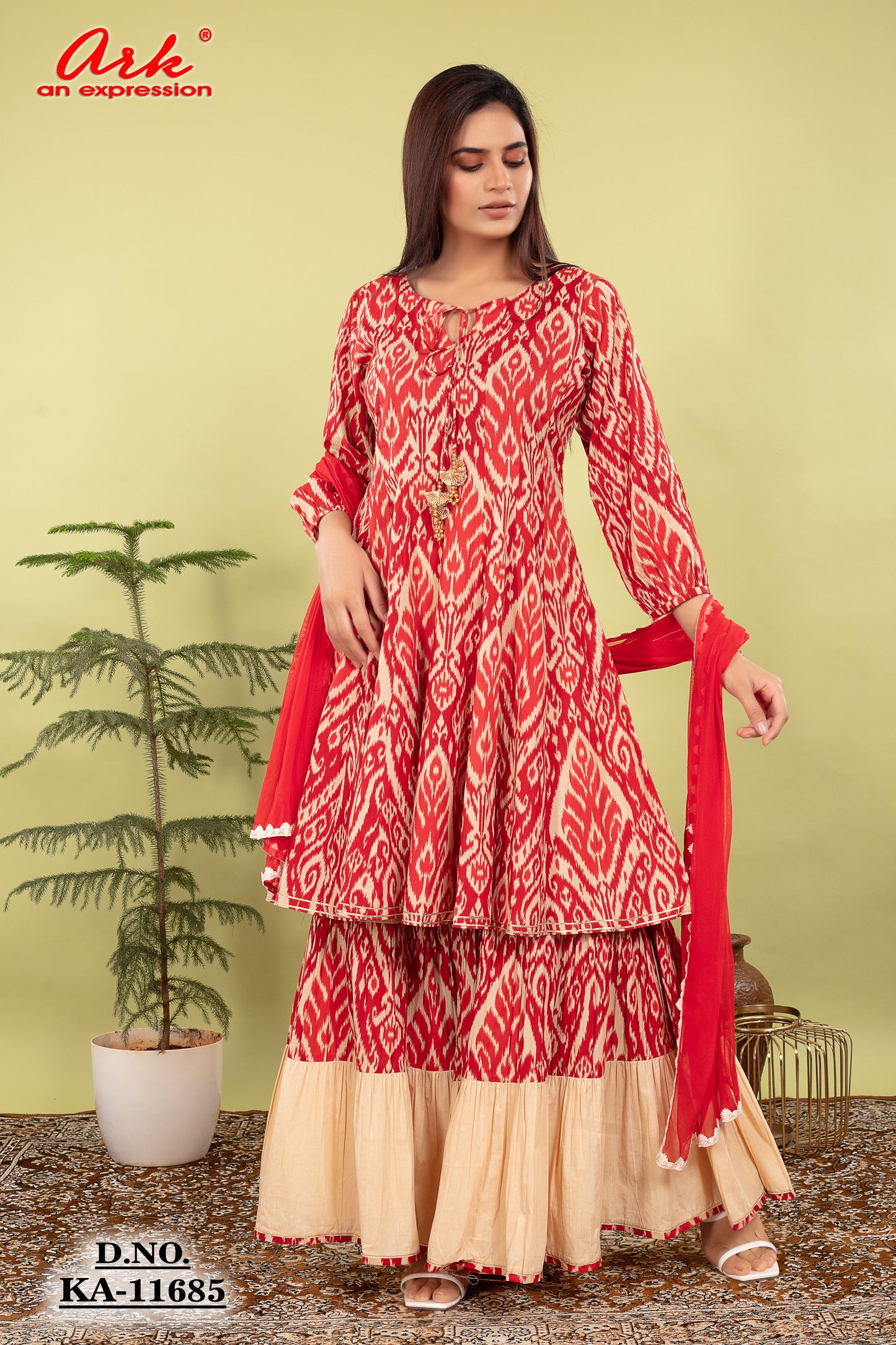 Red Cotton Printed Anarkali Kurti with Beige Sharara & Net Dupatta | Label Anju Kumar