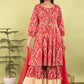 Red Cotton Printed Anarkali Kurti with Beige Sharara & Net Dupatta | Label Anju Kumar