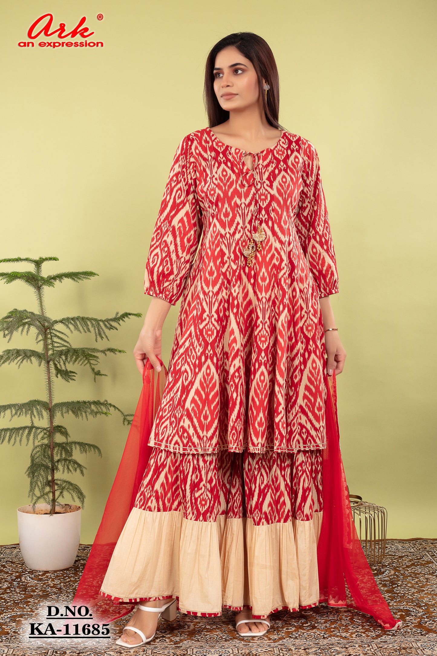 Red Cotton Printed Anarkali Kurti with Beige Sharara & Net Dupatta | Label Anju Kumar