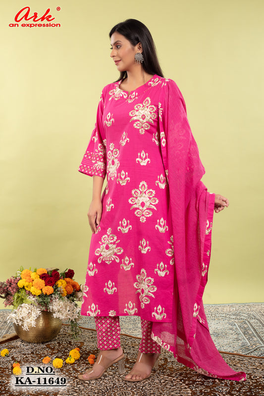 Majenta Pure Cotton Printed Straight Suit Dupatta Set with Highlight Work | Label Anju Kumar