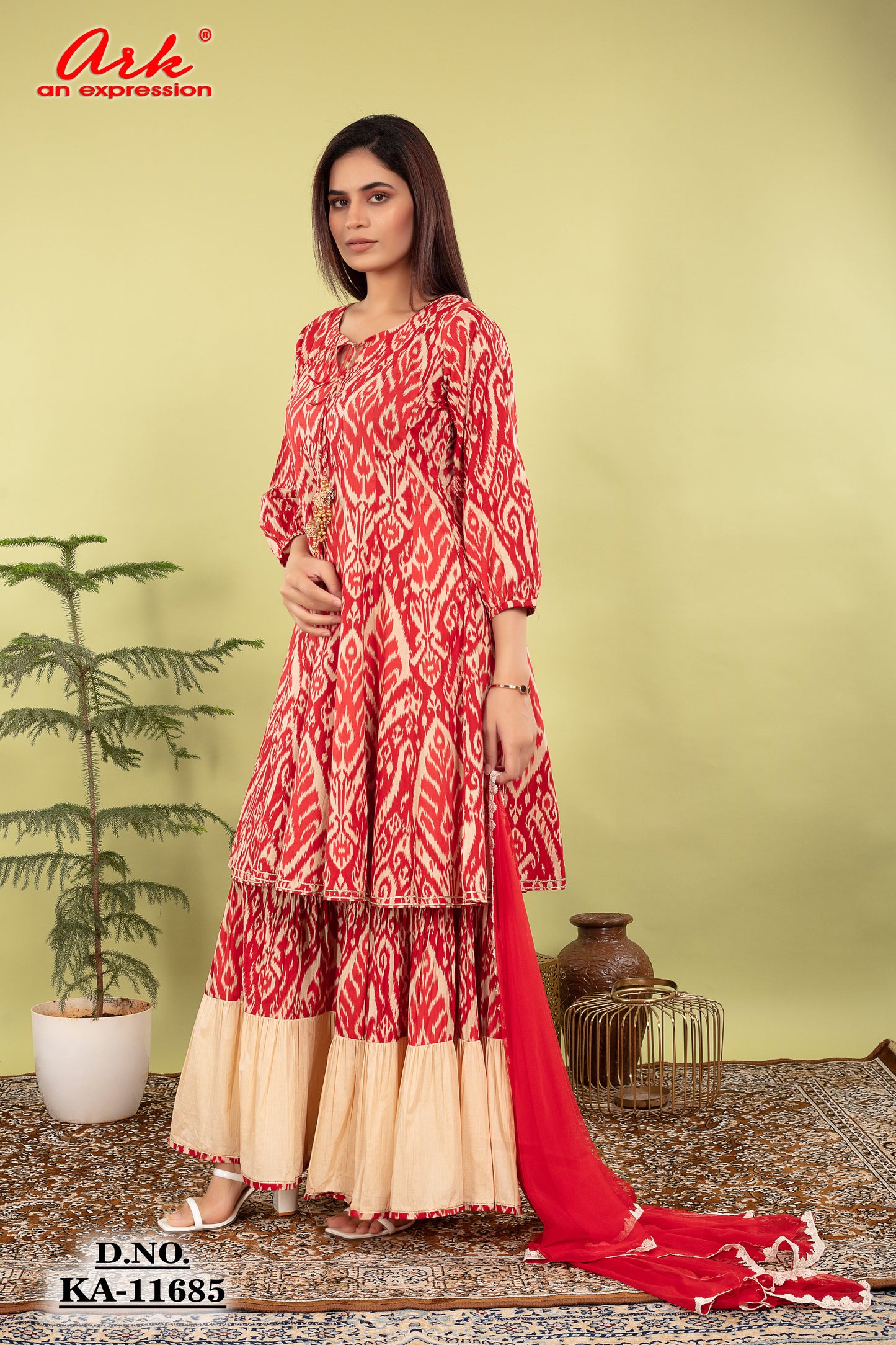 Red Cotton Printed Anarkali Kurti with Beige Sharara & Net Dupatta | Label Anju Kumar