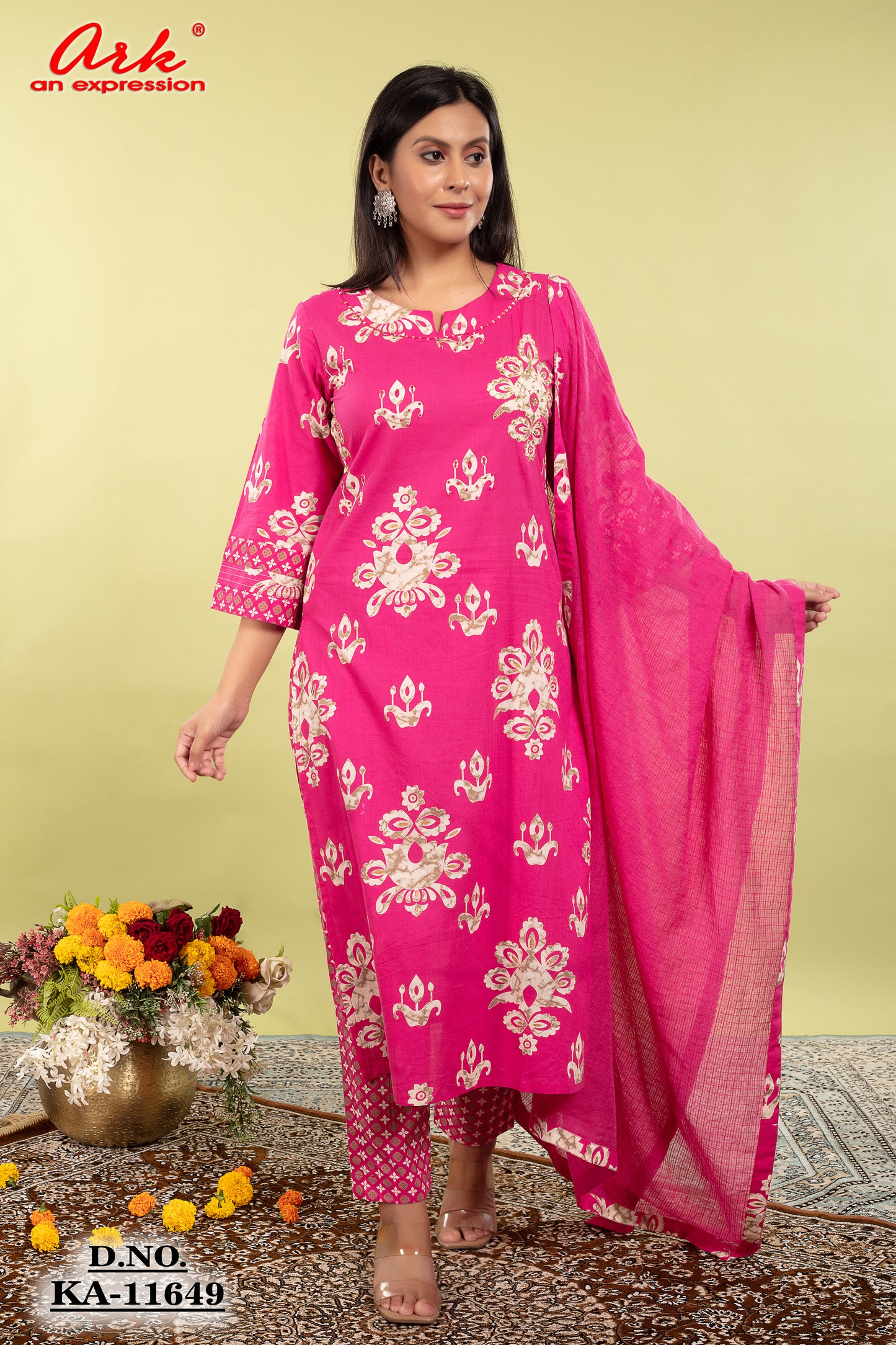 Majenta Pure Cotton Printed Straight Suit Dupatta Set with Highlight Work | Label Anju Kumar