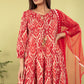 Red Cotton Printed Anarkali Kurti with Beige Sharara & Net Dupatta | Label Anju Kumar