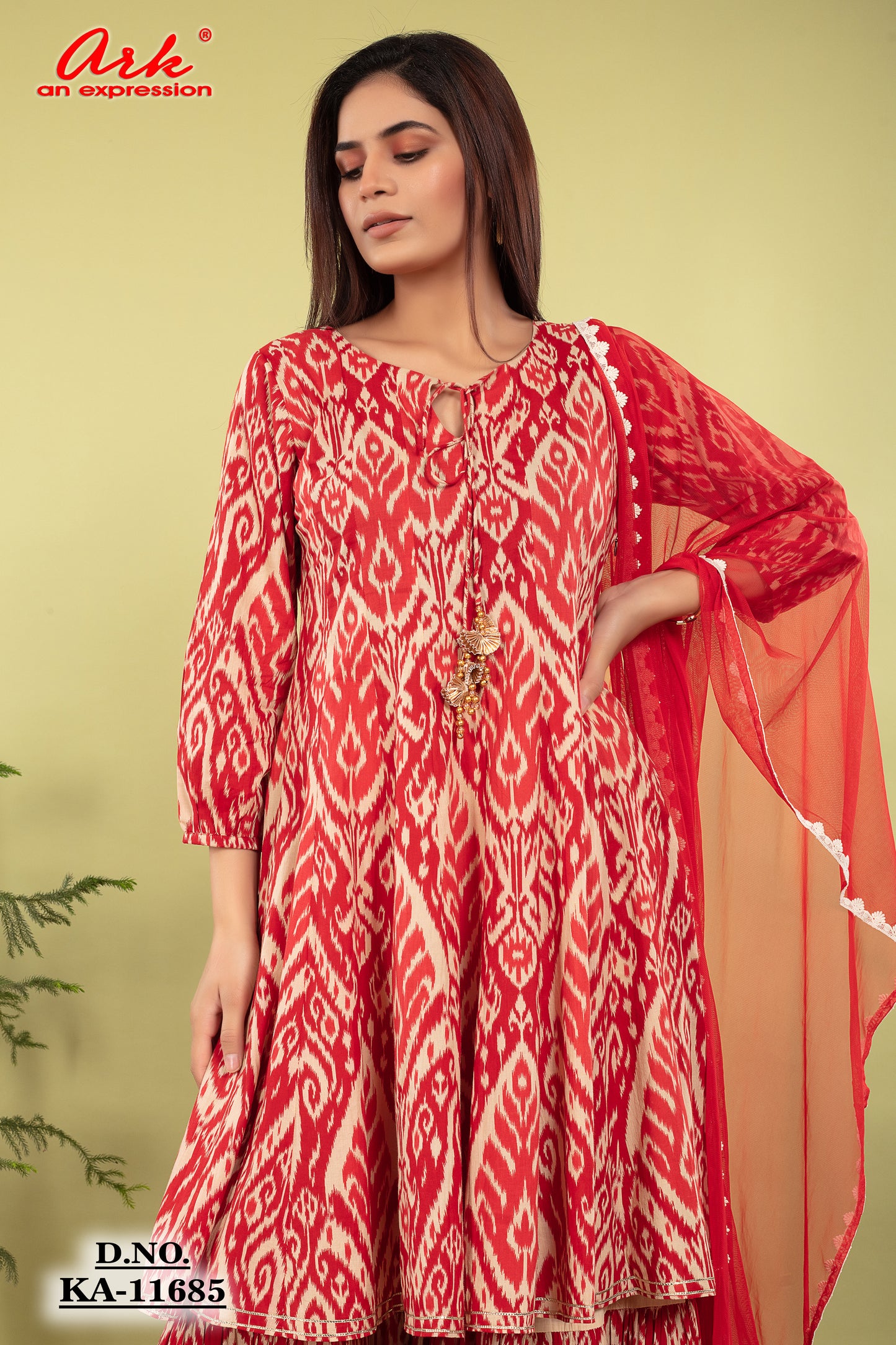 Red Cotton Printed Anarkali Kurti with Beige Sharara & Net Dupatta | Label Anju Kumar