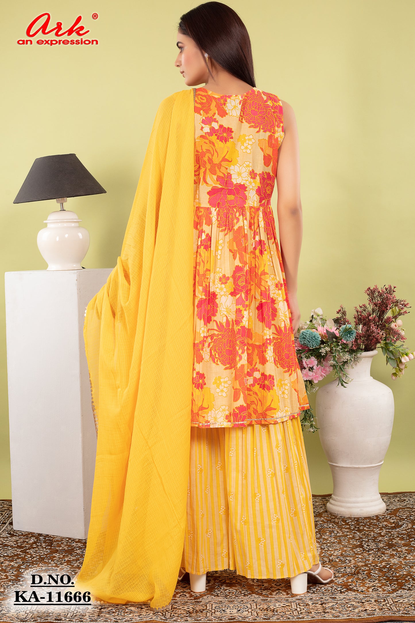 Yellow Multi-Print Pure Cotton Sharara Set with Dupatta & Lace Detailing | Label Anju Kumar