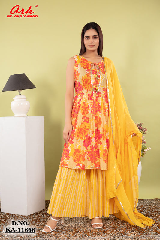 Yellow Multi-Print Pure Cotton Sharara Set with Dupatta & Lace Detailing | Label Anju Kumar