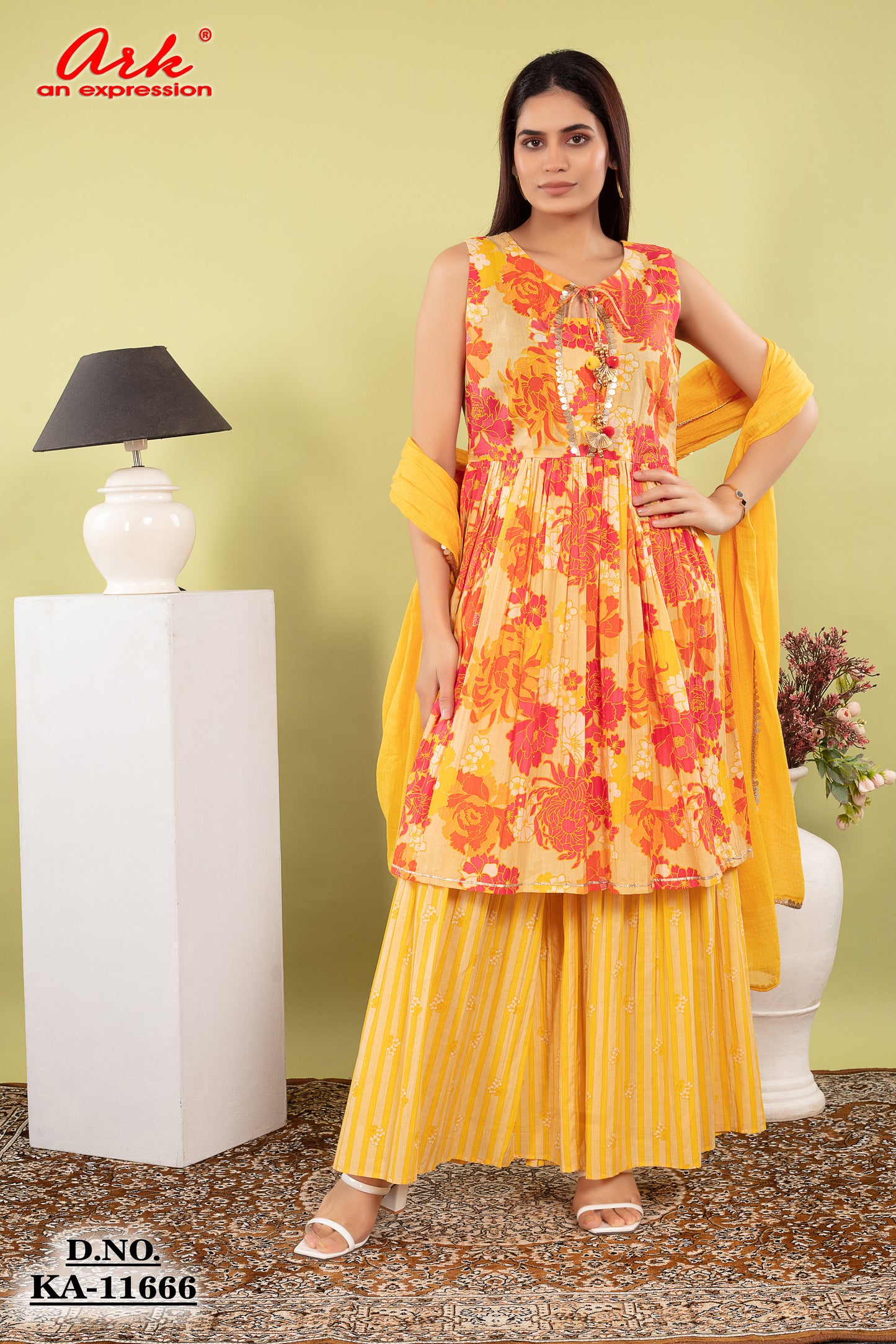 Yellow Multi-Print Pure Cotton Sharara Set with Dupatta & Lace Detailing | Label Anju Kumar