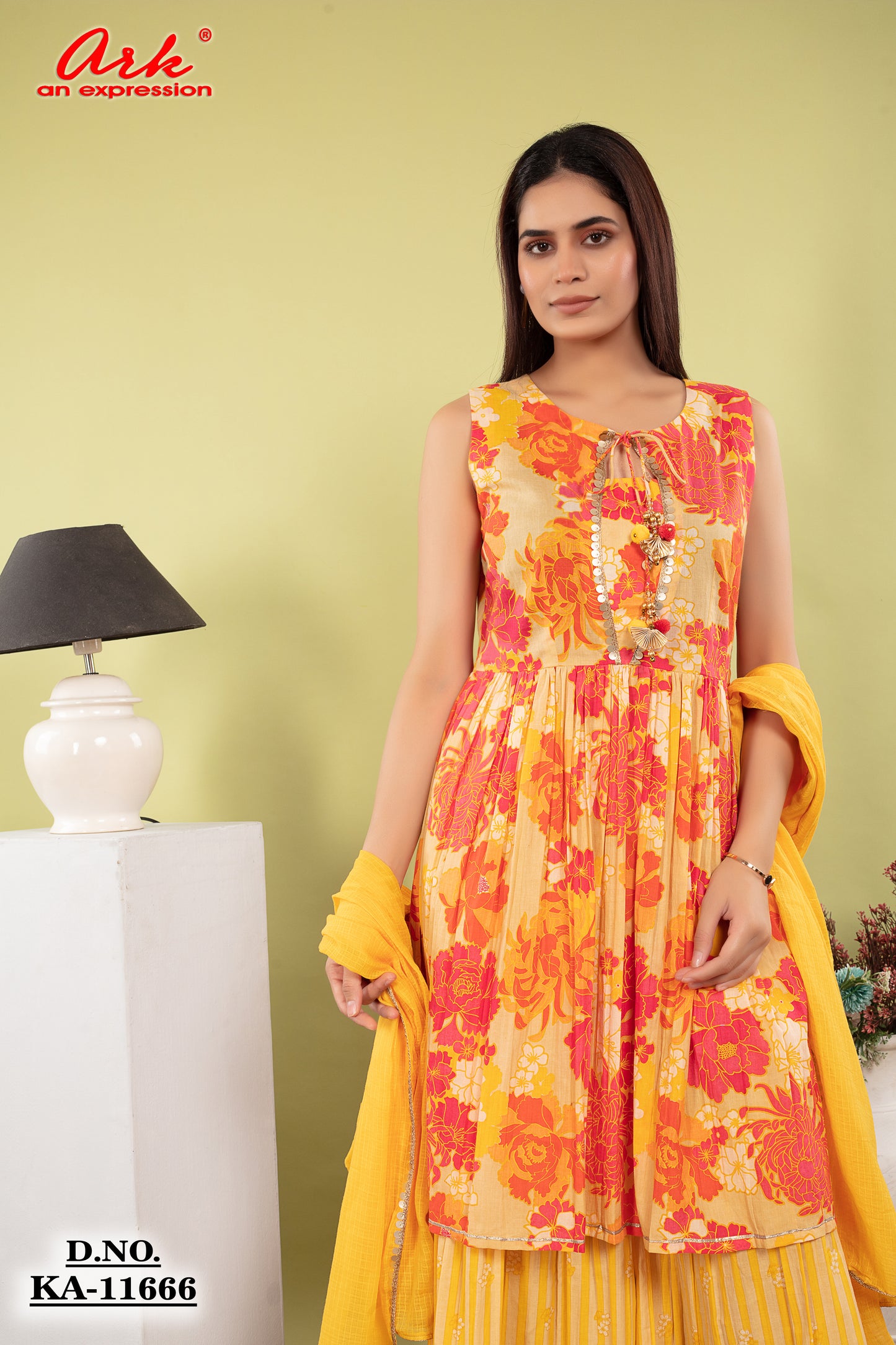 Yellow Multi-Print Pure Cotton Sharara Set with Dupatta & Lace Detailing | Label Anju Kumar