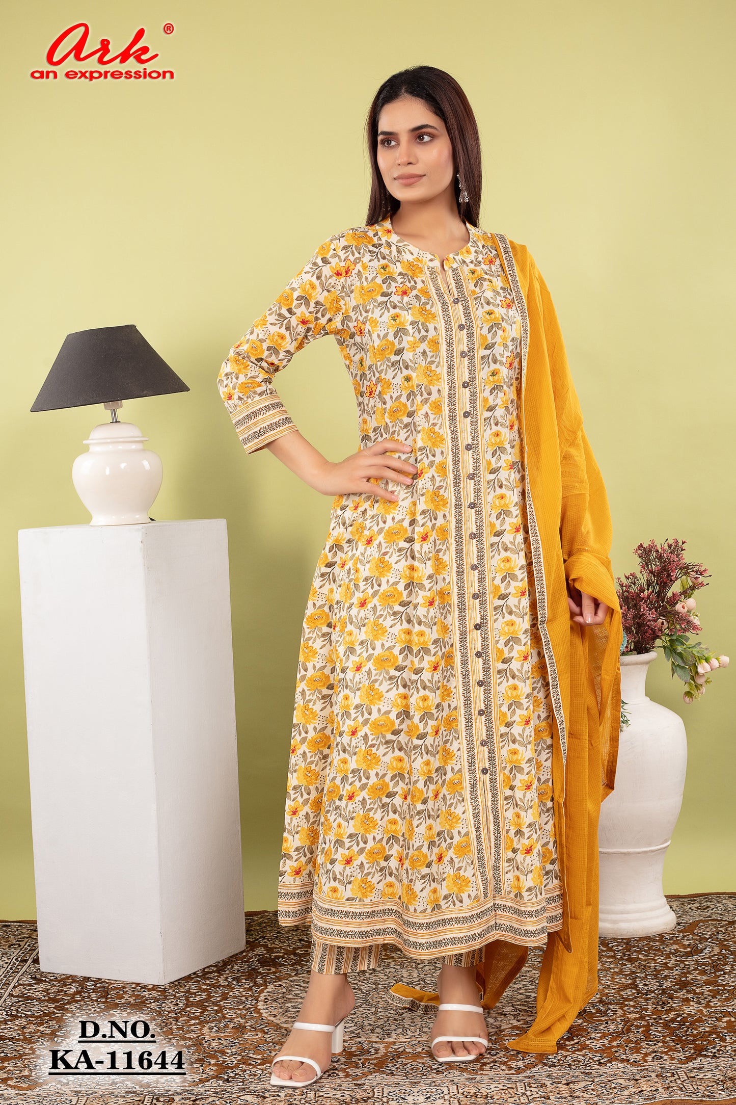 Yellow Mustard Printed Pure Cotton Anarkali Suit Dupatta Set | Label Anju Kumar