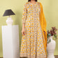 Yellow Mustard Printed Pure Cotton Anarkali Suit Dupatta Set | Label Anju Kumar