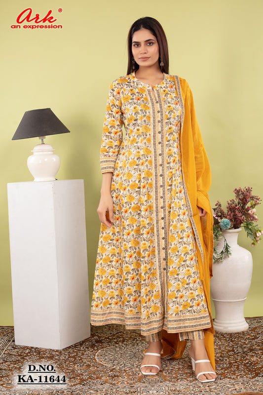 Yellow Mustard Printed Pure Cotton Anarkali Suit Dupatta Set | Label Anju Kumar
