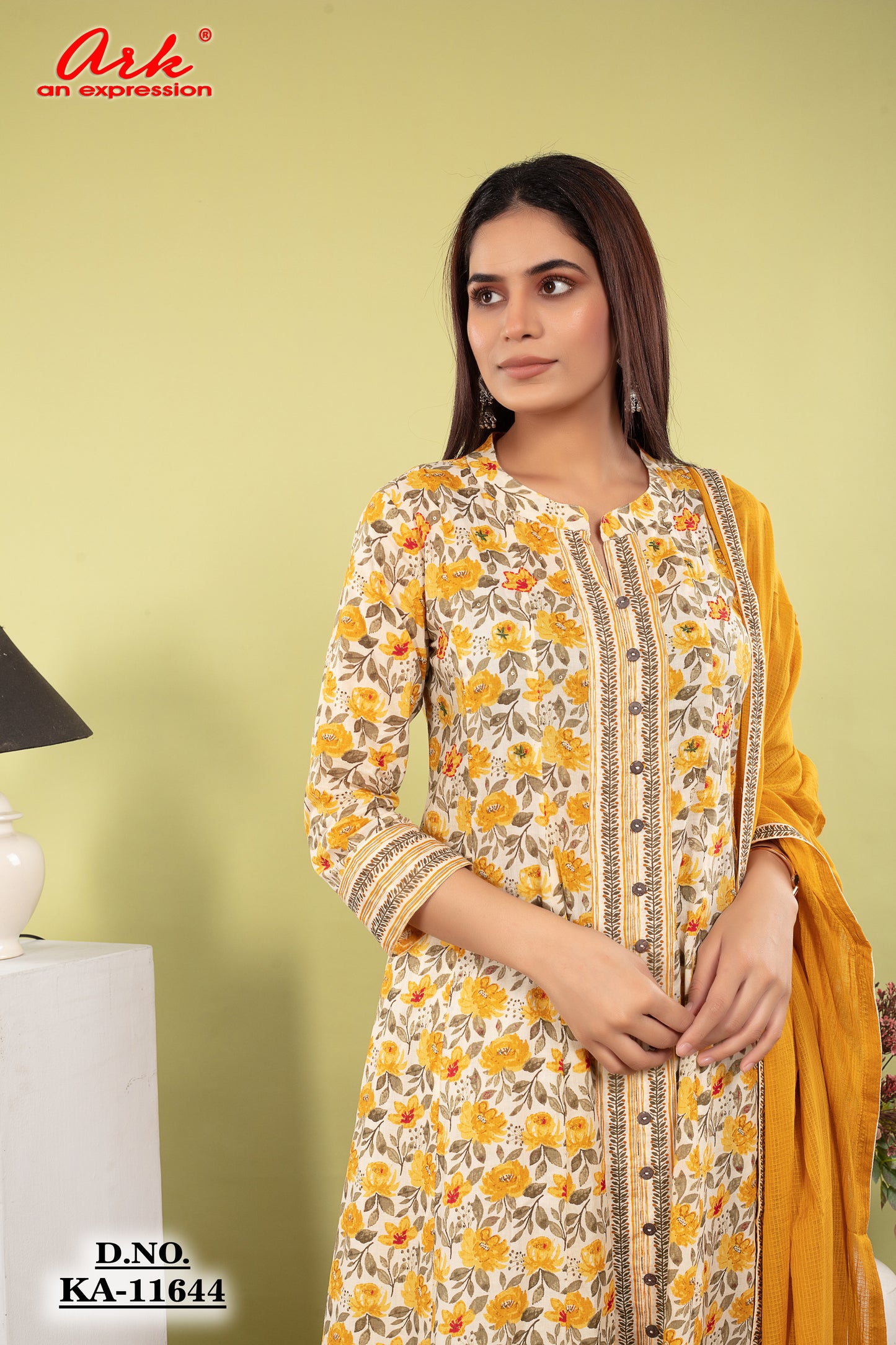 Yellow Mustard Printed Pure Cotton Anarkali Suit Dupatta Set | Label Anju Kumar