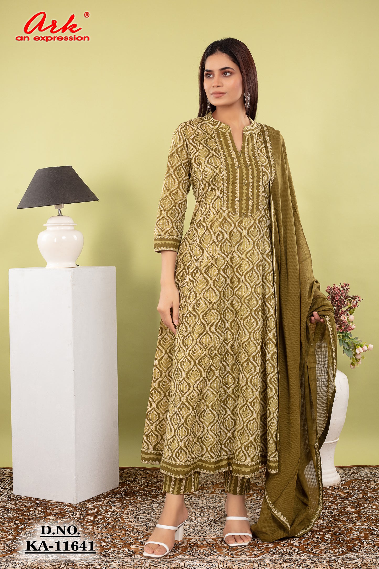 Green Pure Cotton Anarkali Suit Dupatta Set with Kota Doriya | Label Anju Kumar