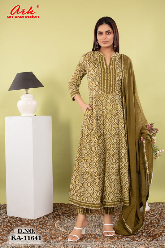 Green Pure Cotton Anarkali Suit Dupatta Set with Kota Doriya | Label Anju Kumar
