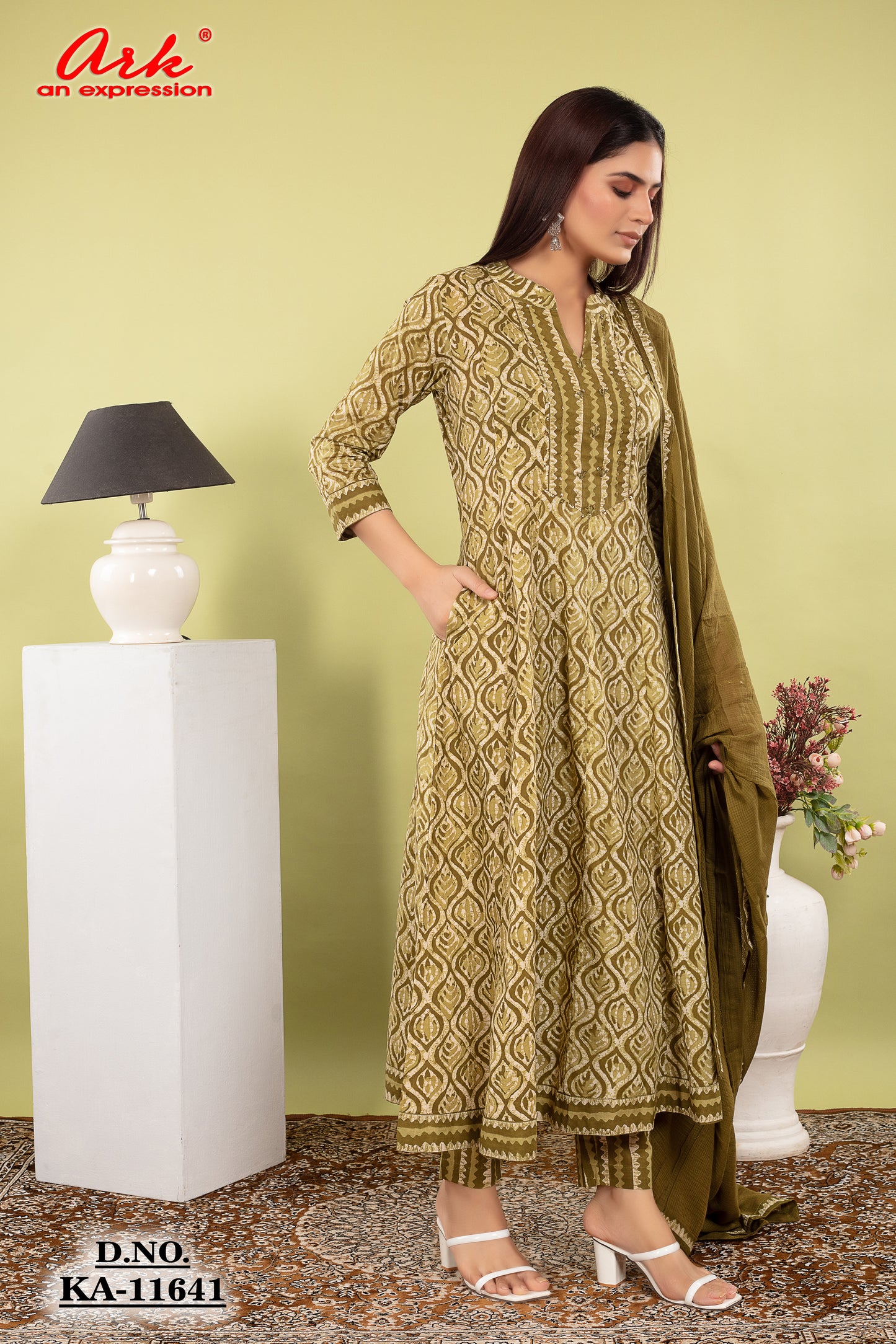 Green Pure Cotton Anarkali Suit Dupatta Set with Kota Doriya | Label Anju Kumar