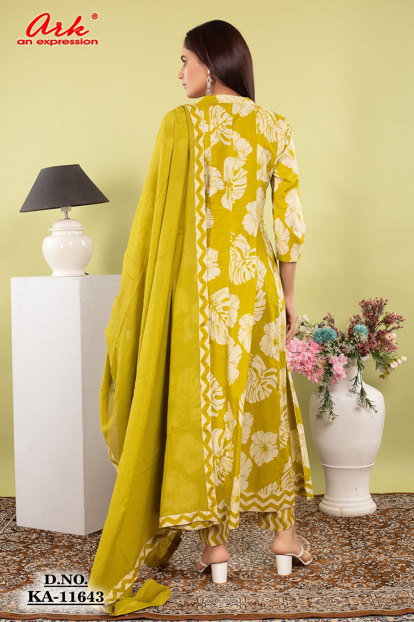 Green Cotton Anarkali Suit Dupatta Set with Kota Doriya | Label Anju Kumar