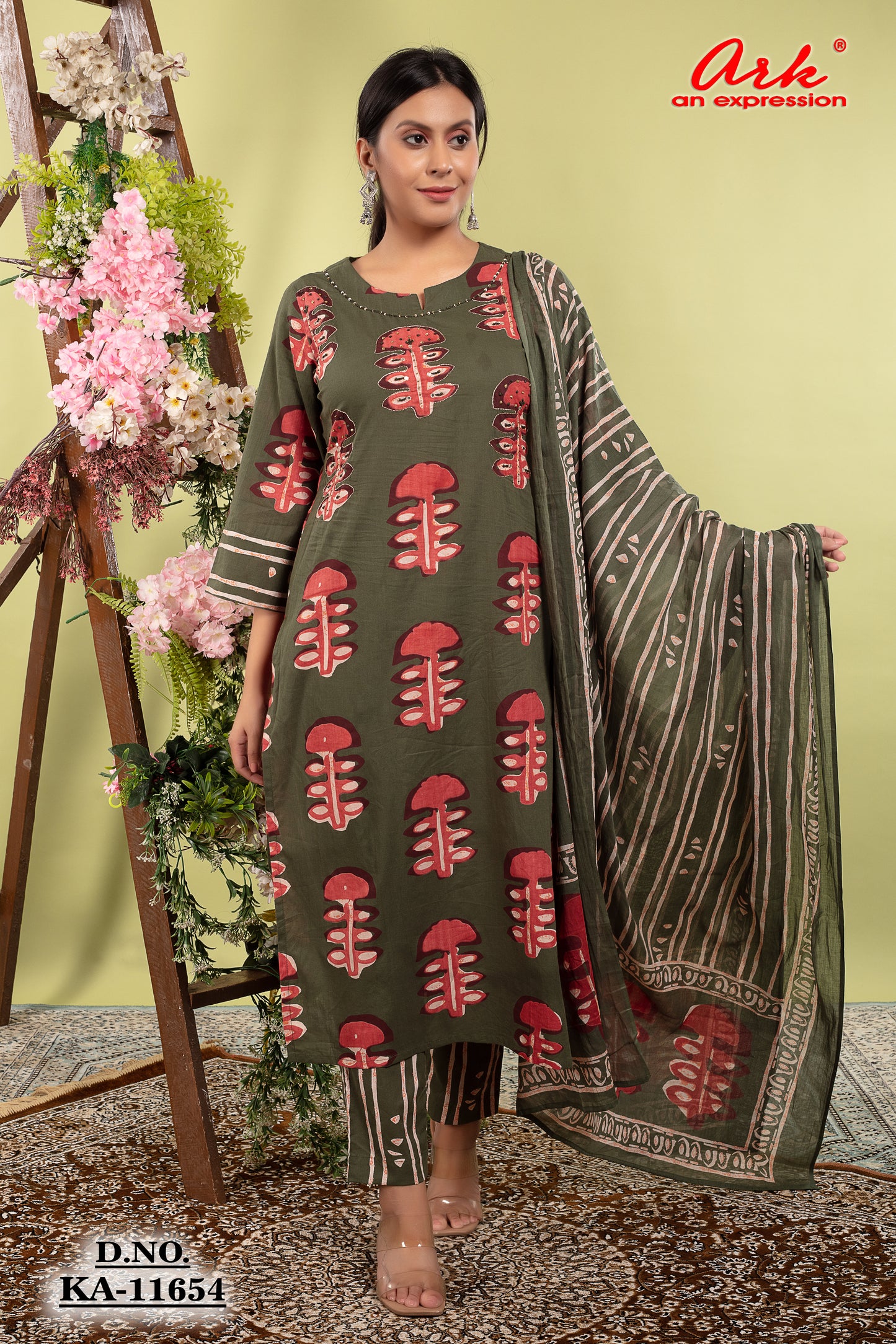 Green Pure Cotton Printed Straight Suit Dupatta Set with Highlight Work | Label Anju Kumar