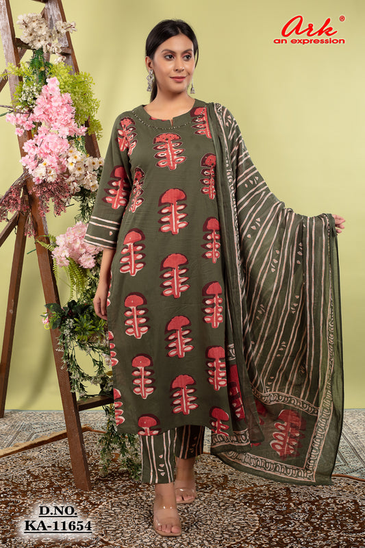 Green Pure Cotton Printed Straight Suit Dupatta Set with Highlight Work | Label Anju Kumar