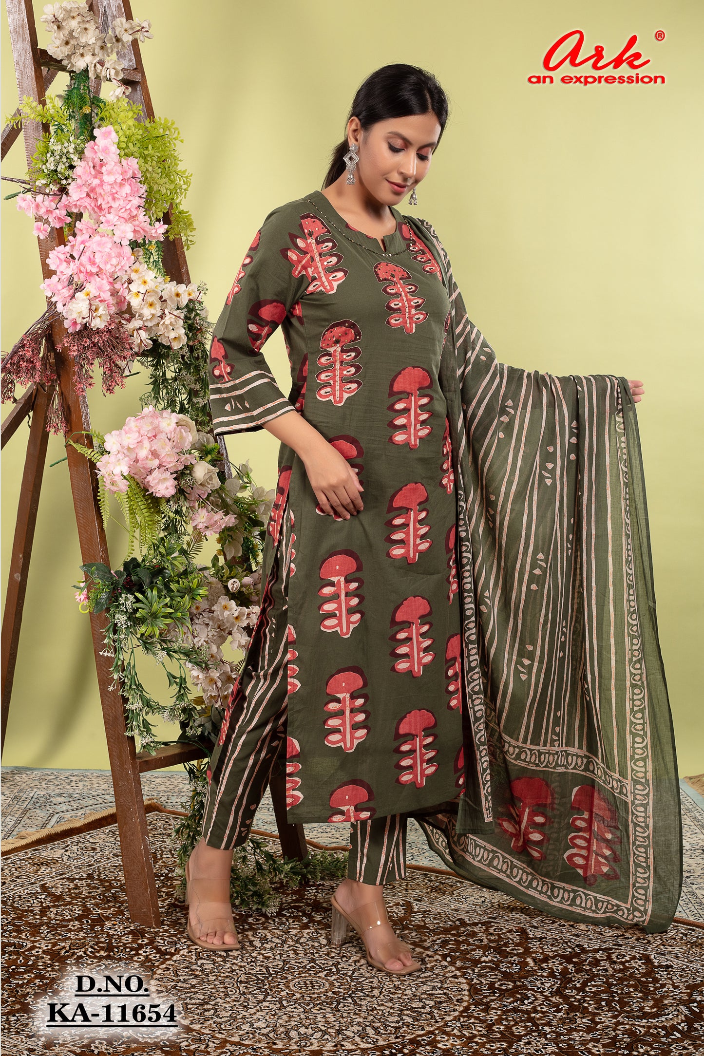Green Pure Cotton Printed Straight Suit Dupatta Set with Highlight Work | Label Anju Kumar