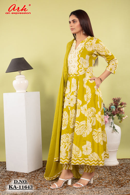 Green Cotton Anarkali Suit Dupatta Set with Kota Doriya | Label Anju Kumar